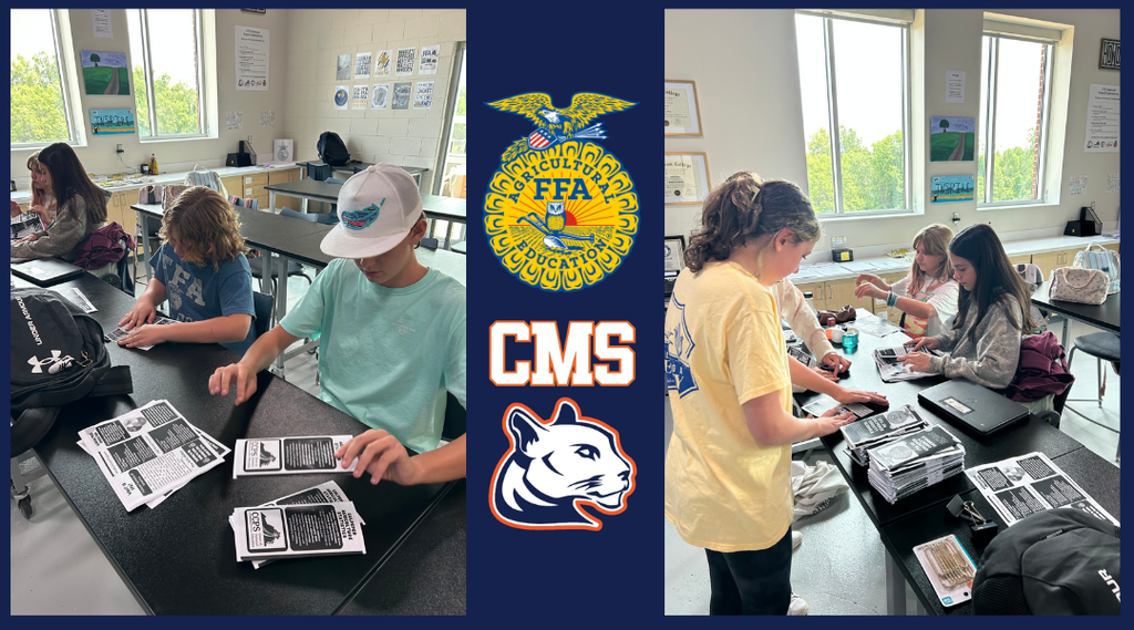 Two-photo collage of Culpeper Middle School students participating in an FFA classroom activity. Students work together at lab tables sorting and assembling educational cards and materials. A navy center panel displays the FFA emblem, “CMS,” and the school’s cougar logo.