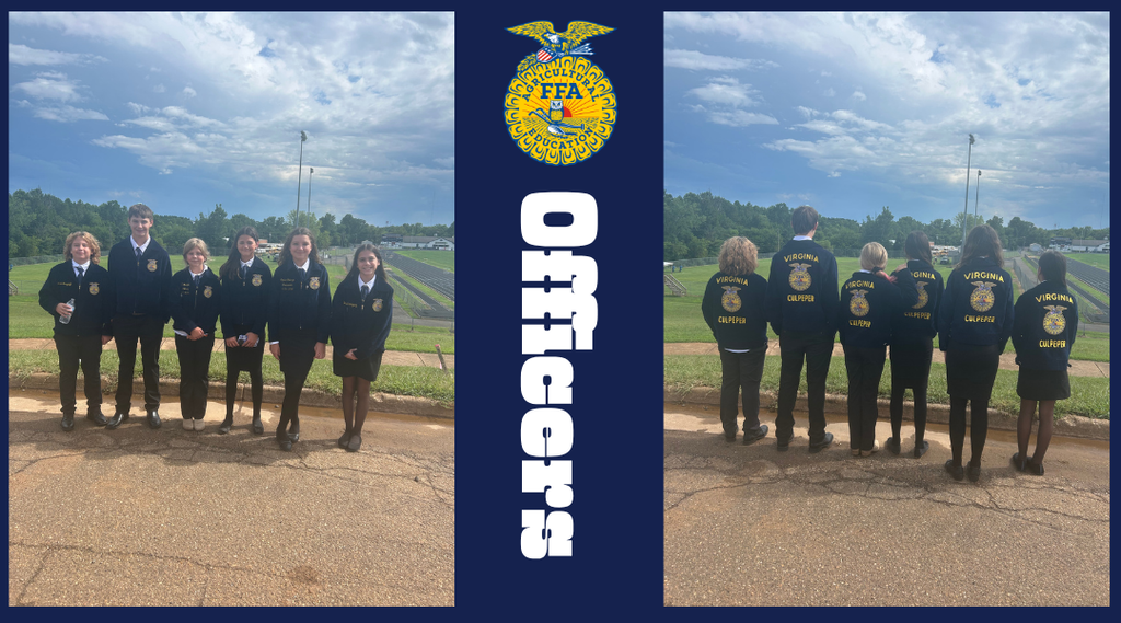 Two-photo collage featuring six Culpeper FFA students in official dress at an outdoor event. The left photo shows the students facing the camera, while the right shows them from behind displaying “Virginia FFA Culpeper” embroidered on their jackets. A navy center panel features the FFA emblem and the word “Officers.”