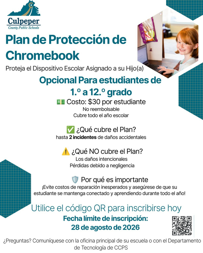 A poster for a Chromebook protection plan. It covers students from 1st to 12th grade. The cost is $30 per student.