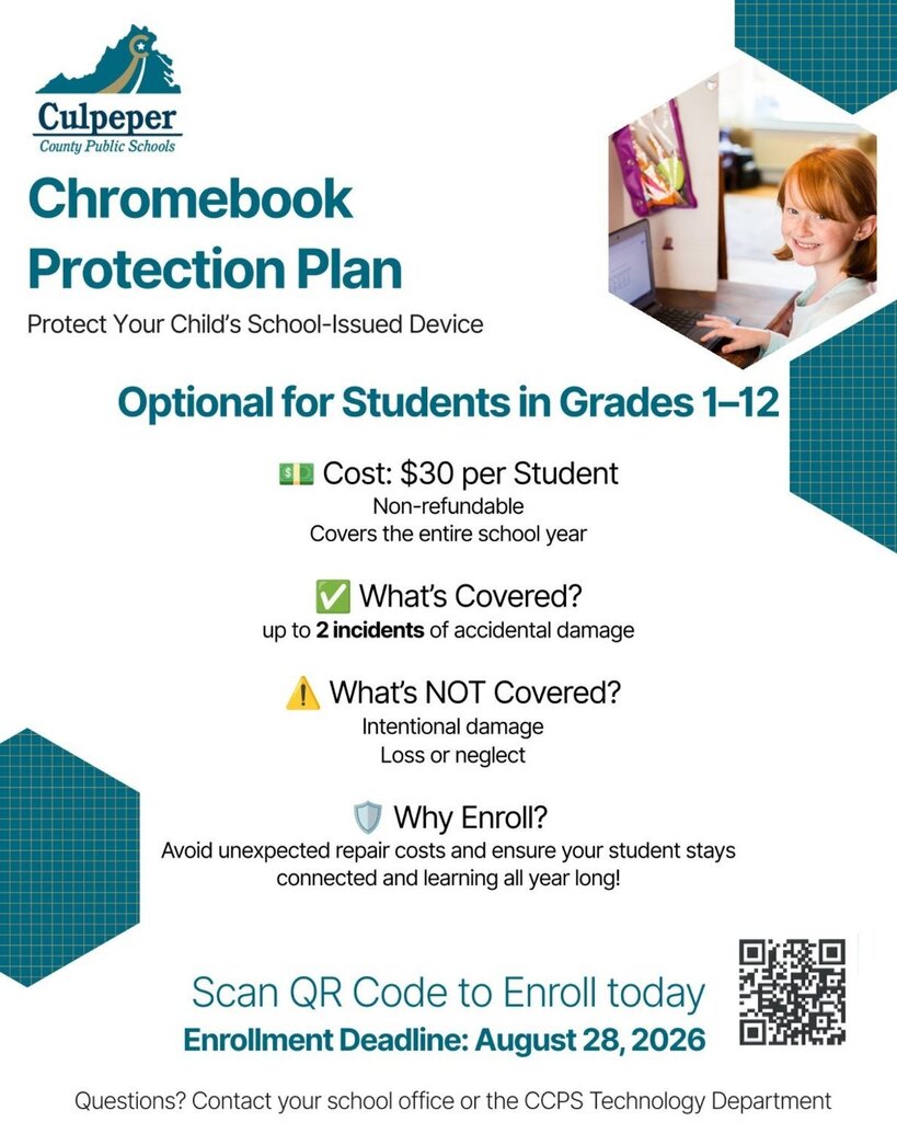 Blue and white graphic with text and icons about the Chromebook Protection Plan. Covers accidental damage for $30.