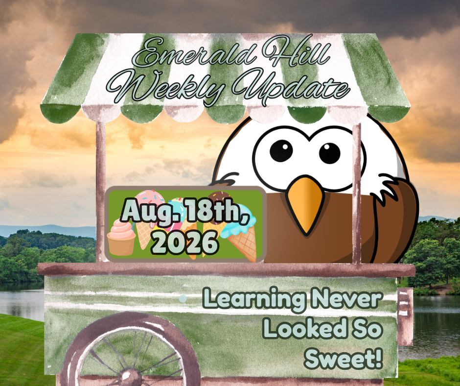 Cartoon owl in a cart with green awnings, green wheels, and a yellow beak. The cart is decorated with text and dates.