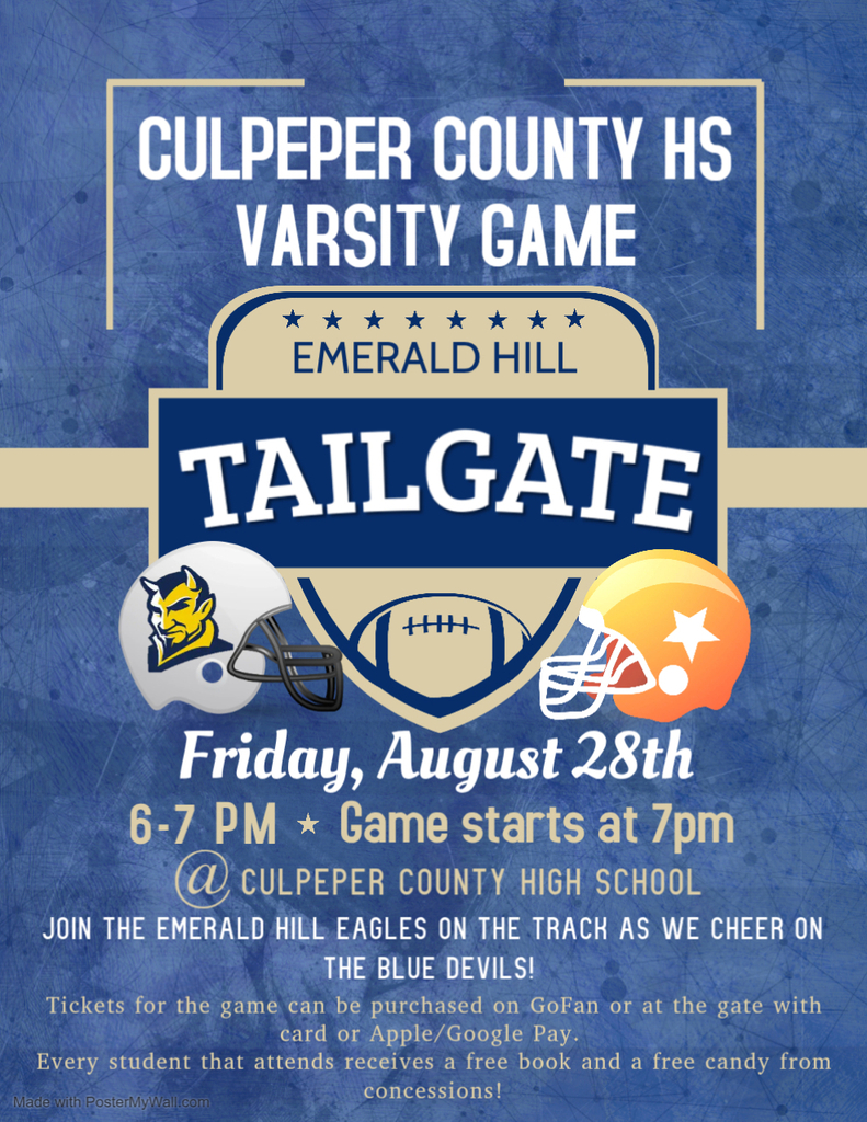 Blue background with a gold border features the "Tailgate" title, three helmets, and a football. It says "Friday, August 28th, 6-7 PM" and "Game starts at 7pm".