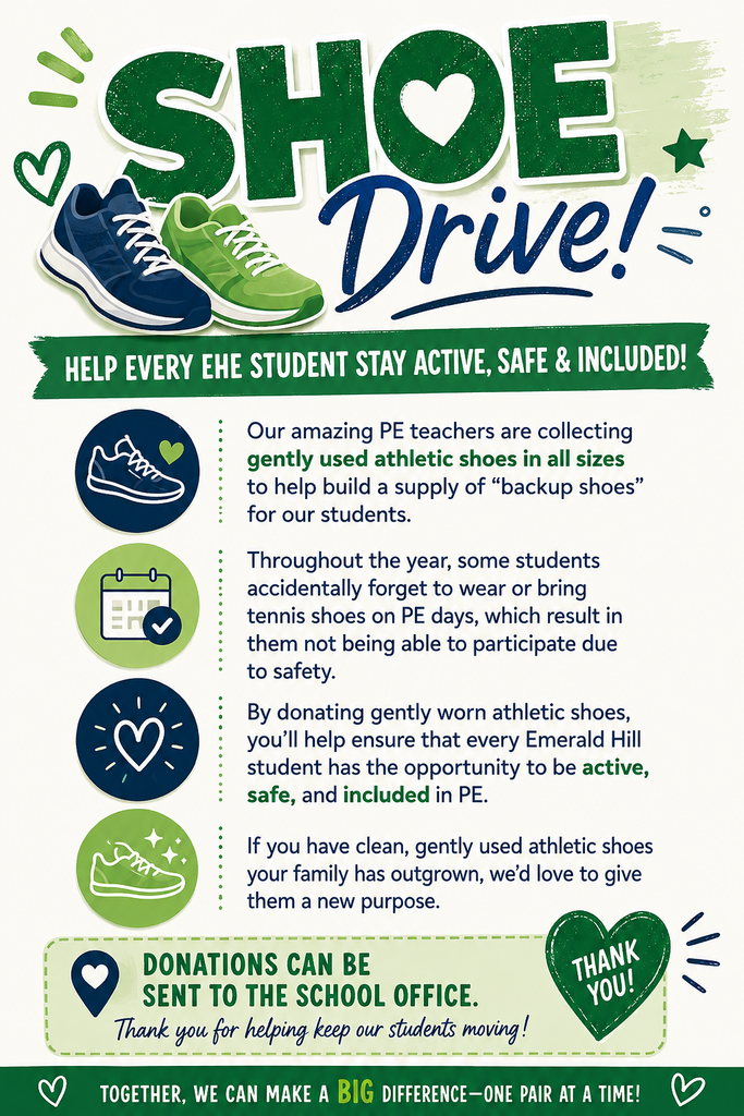 Poster with green, blue, and white colors promoting a shoe drive. Icons of shoes, calendar, heart, and thumbs up.