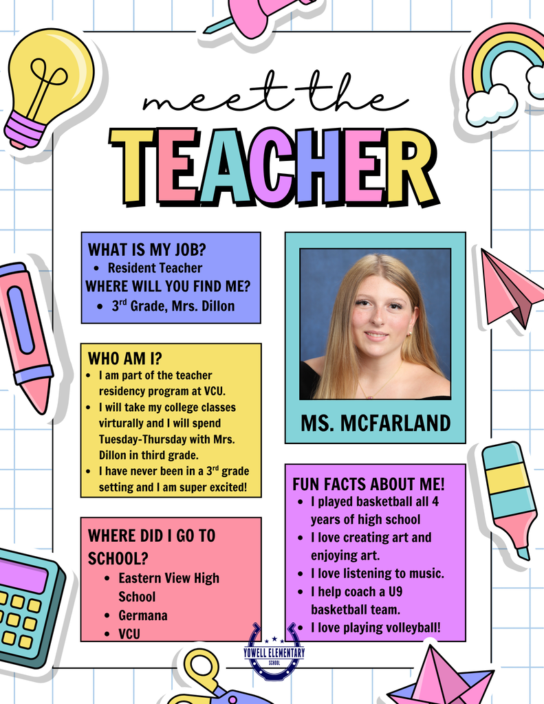 A poster with "Meet the Teacher" title displays Ms. McFarland's info. She is a Resident Teacher in 3rd grade. Fun facts about her include playing basketball, art, music, and volleyball.