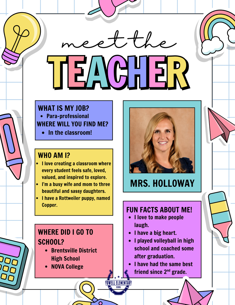 An introduction to a teacher named Mrs. Holloway, showing a photo, her job description, and personal details about her.