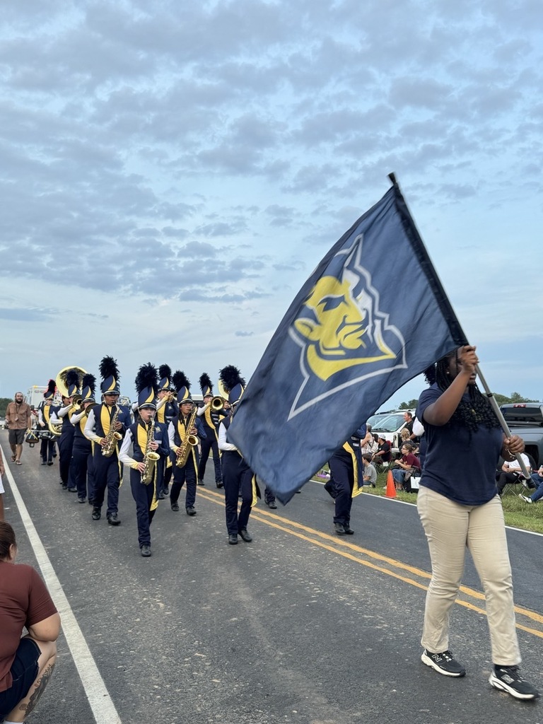 Marching band members in blue and black uniforms perform in a parade, one carrying a flag.