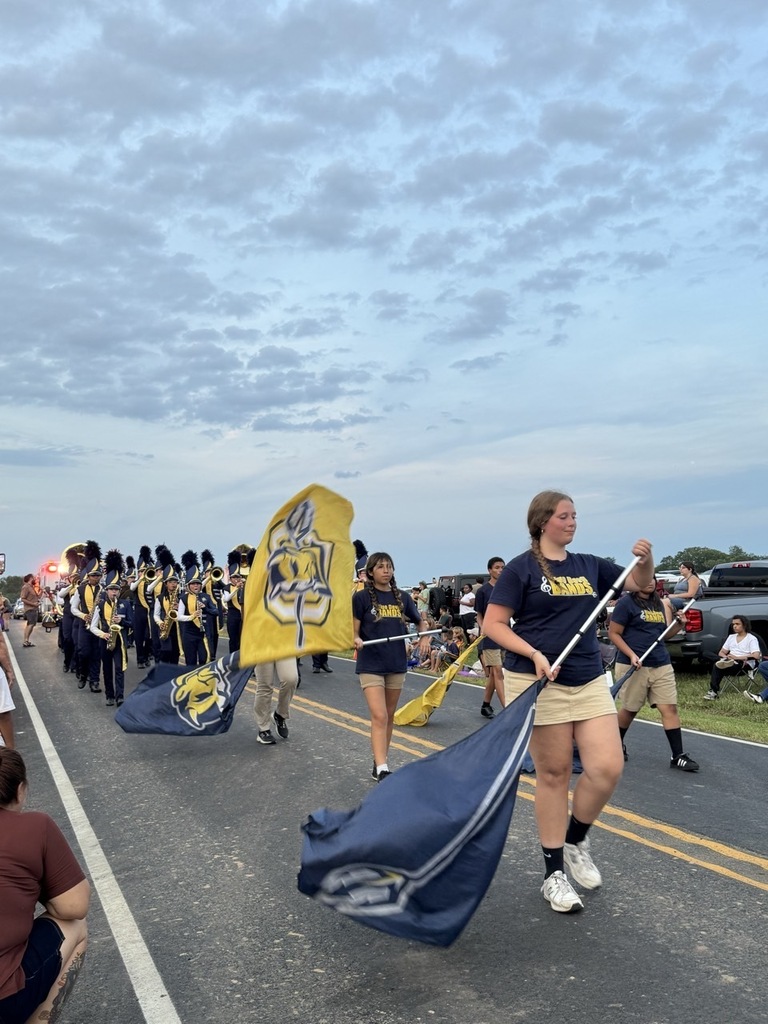 A group of people in blue uniforms and white shoes march in a parade, carrying flags.