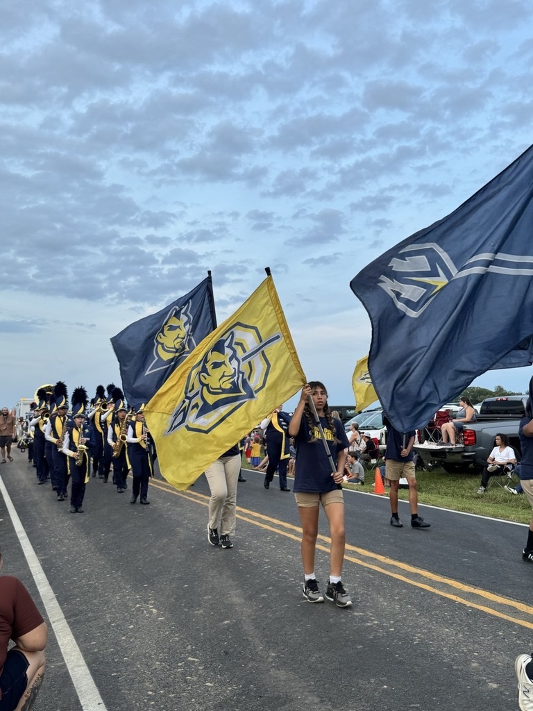 A marching band walks along a road with large flags. They are followed by onlookers and vehicles.