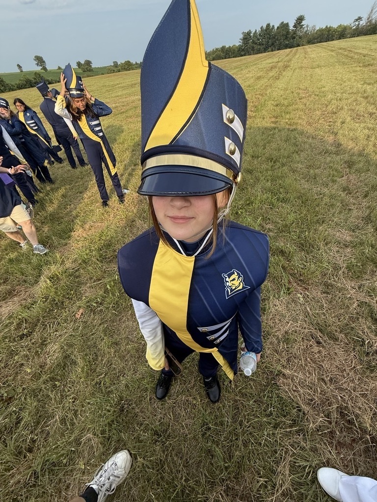 A person in a blue and yellow uniform stands in a grassy field. Others in similar uniforms are in the background.
