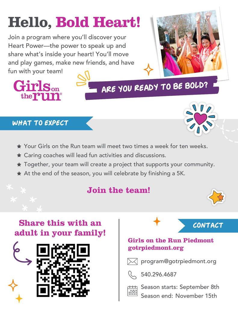 Visuals include a picture of children raising hands, a QR code, and text details about a program.