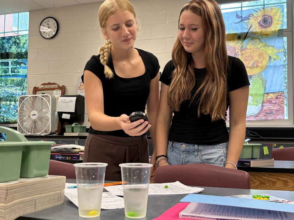 Two women in black tops examine a cellphone. One holds it; the other watches. They stand in a classroom.