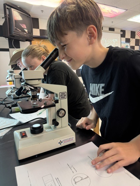 A boy in a black shirt is using a microscope in a classroom. Another student is beside him, also using a microscope.