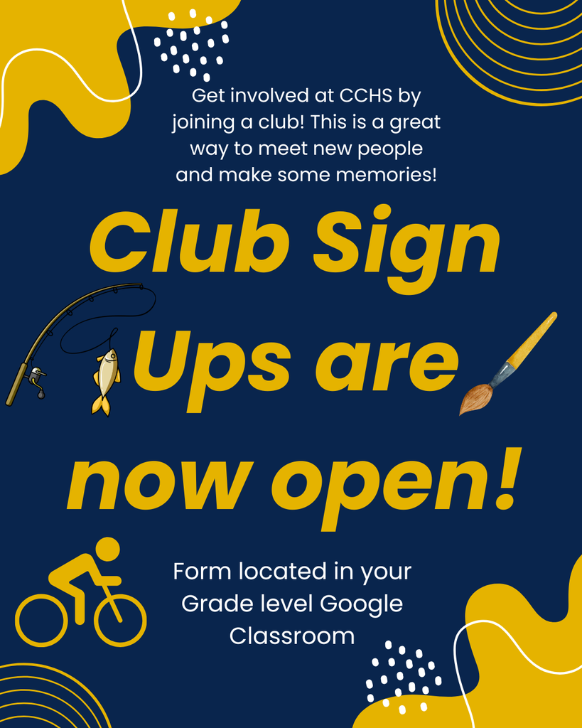 Blue and yellow poster with text inviting people to sign up for clubs. It features a bike, fish, paintbrush, and fishing rod.