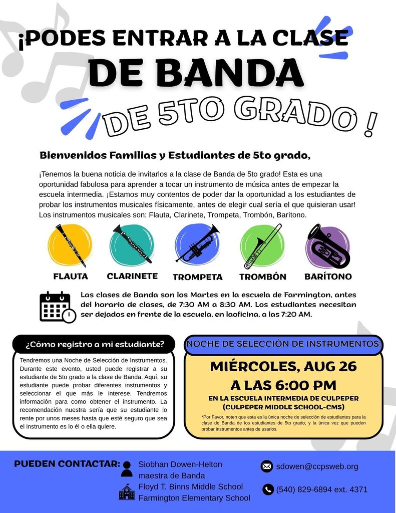A poster invites 6th-grade students to join the band. It includes instrument options and registration details. Date is Aug 26, 6-8 PM.