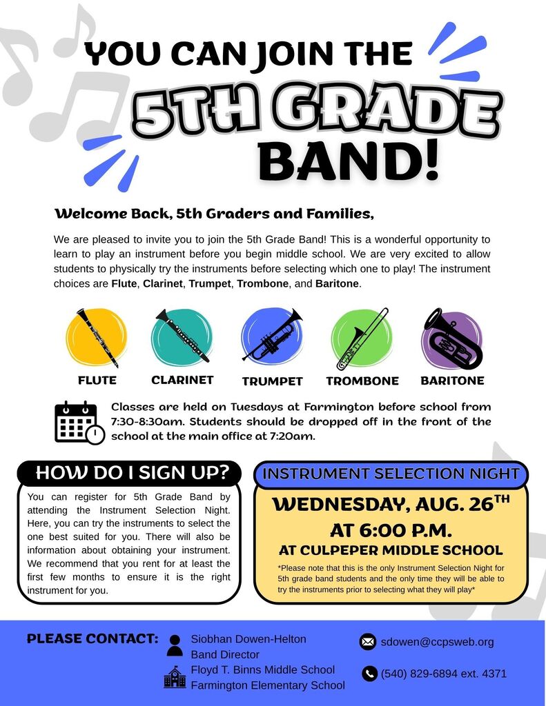 Poster with bold blue and white text: "YOU CAN JOIN THE 5TH GRADE BAND!" Features icons of musical instruments and a calendar.