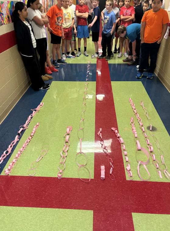 Students stand in a school hallway comparing several pink paper chains laid out on the floor as part of a STEM challenge.