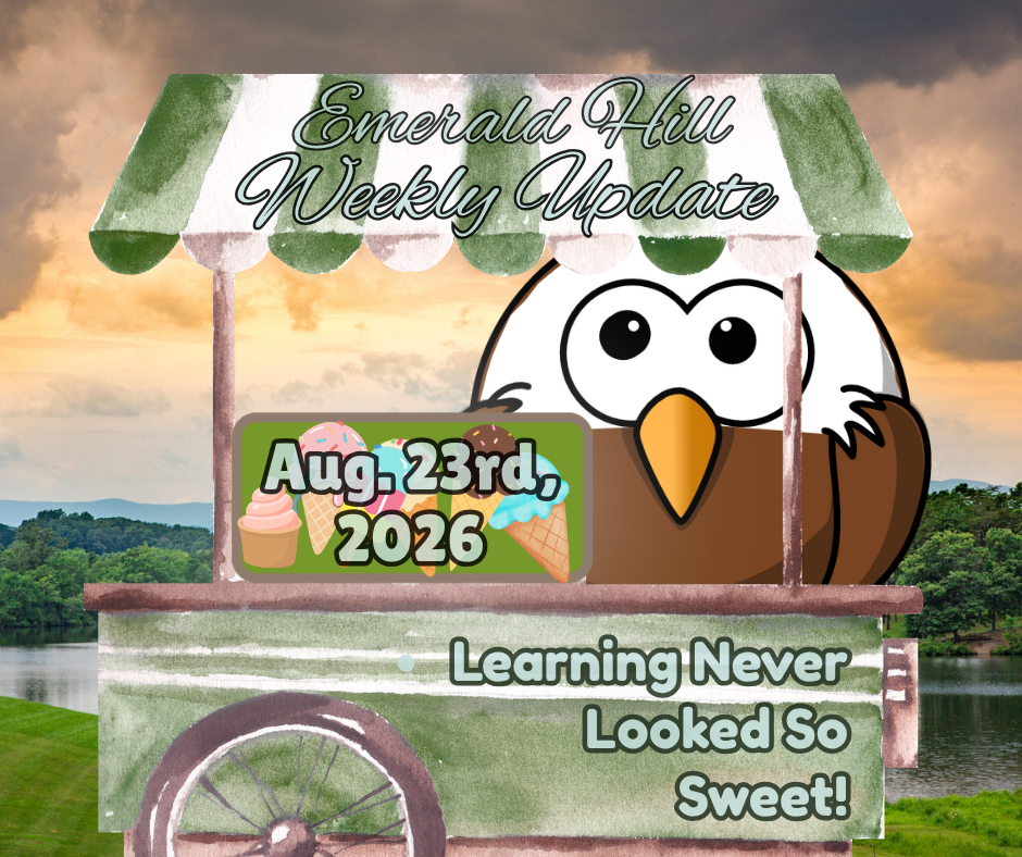 A cartoon owl inside an ice cream cart with text reading "Emerald Hill Weekly Update" and "Aug. 23rd, 2026".