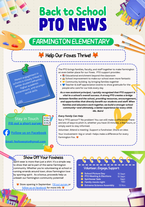 A colorful page with "Back to School PTO NEWS" at the top, blue and green icons, and text about Farmington Elementary, school activities, and social media links.