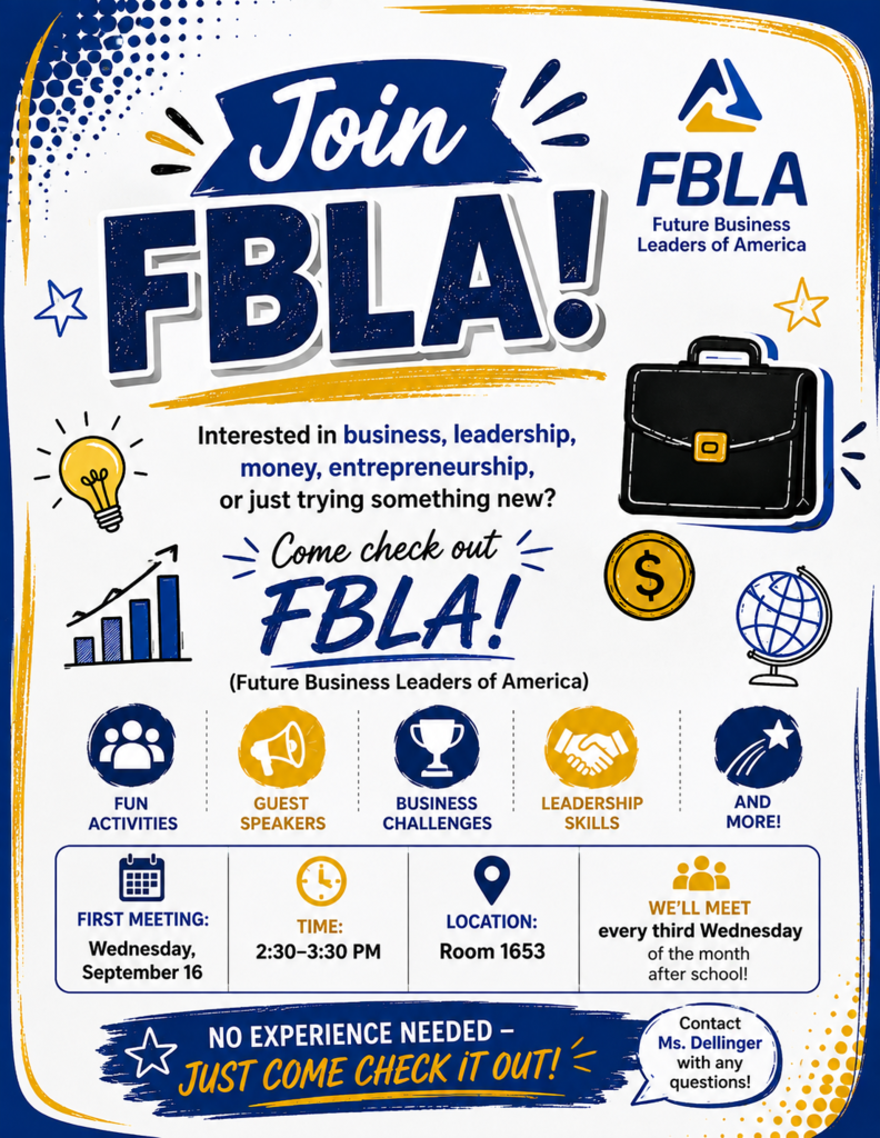 An invitation poster for FBA, with icons for activities, guest speakers, and leadership skills. The event is on Wednesday, September 16 at 2:30-3:30 PM.
