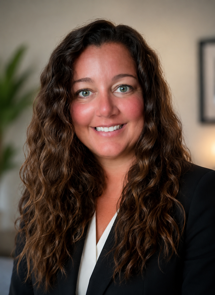 Woman with brown curly hair wearing a black blazer and white shirt smiles for the camera.