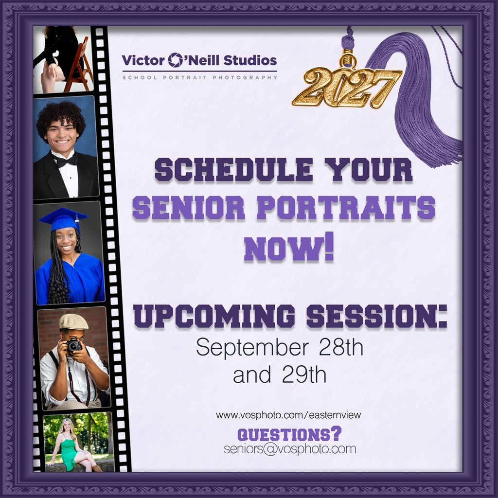Advertisement for senior portraits with a filmstrip design, featuring photos of individuals in graduation attire and a tassel. Text highlights the need to schedule portraits and announces upcoming sessions on September 28th and 29th.