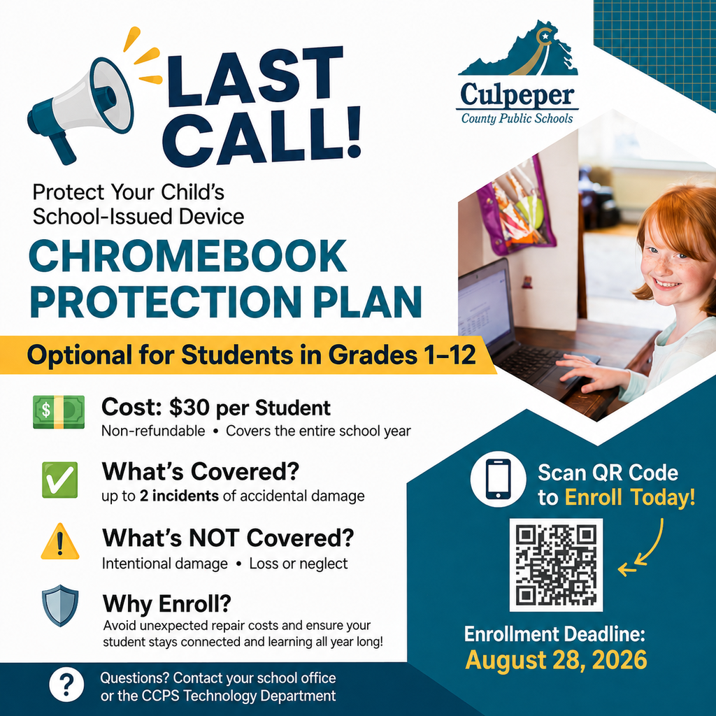 A flyer invites students in grades 1-12 to enroll in the Chromebook Protection Plan. It features a QR code for enrollment. 