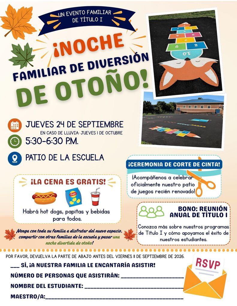 An event poster with an autumn theme. It reads "Family Fun Night in Autumn!" with a fox and other autumn items. Date, time, and location are listed.