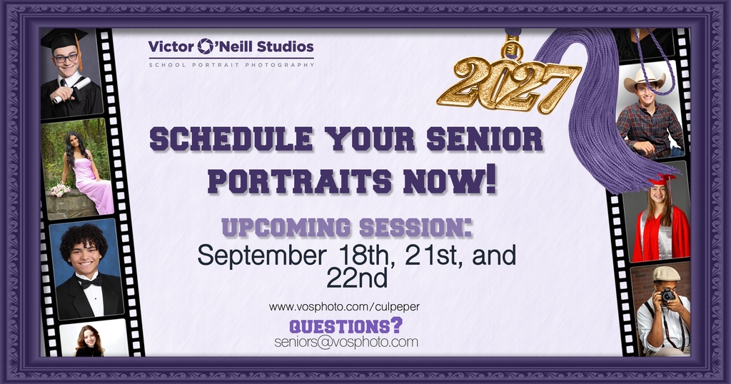 Poster with a film strip background. The poster invites viewers to schedule senior portraits for September 18th, 21st, and 22nd. It contains photos of young adults.