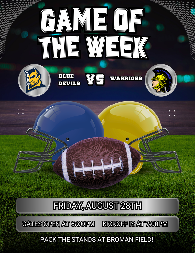 A football poster with "Game of the Week" title, featuring Blue Devils vs Warriors, a ball, and helmets on grass.
