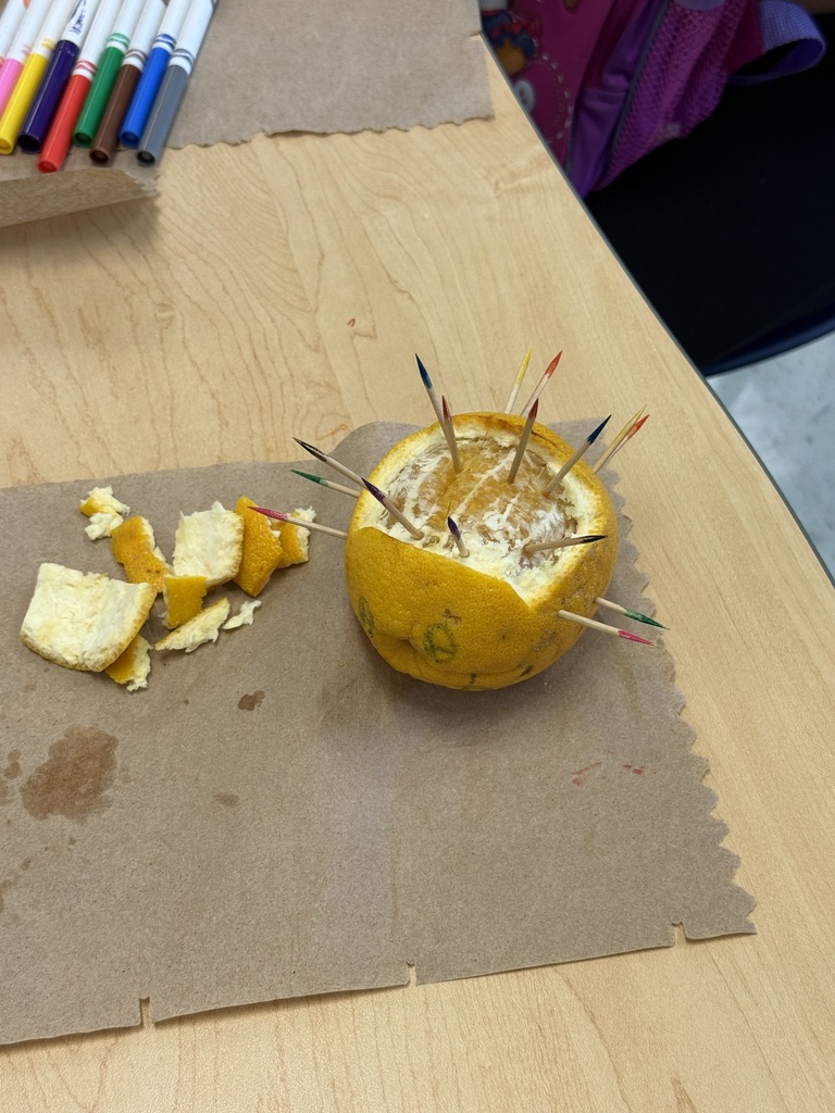 A wooden table has a brown mat with a half-peeled orange and pins. A small pile of orange peels is next to it.