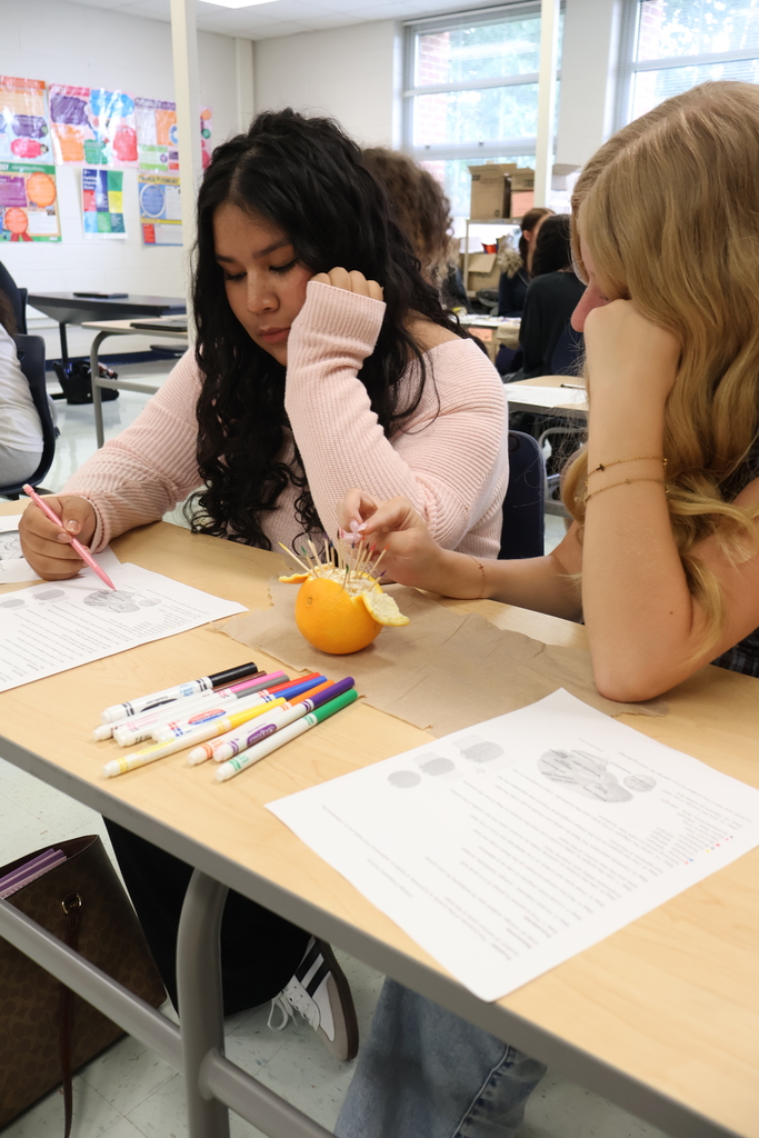 Two women work at a table. One has a pumpkin and the other has colored pencils. They are at a table with papers and bags.