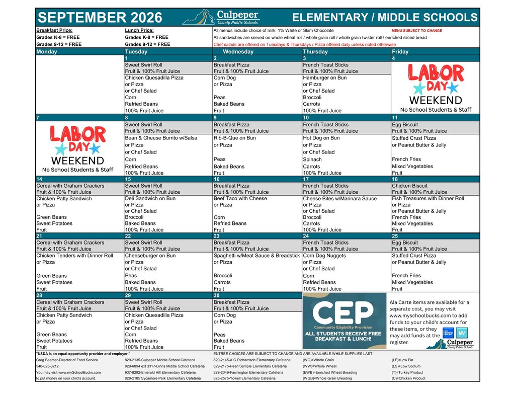 A table with columns labeled "September 2026" and "Elementary/Middle Schools" lists text and logos. Logos include "Labor Day Weekend" and "CEP".