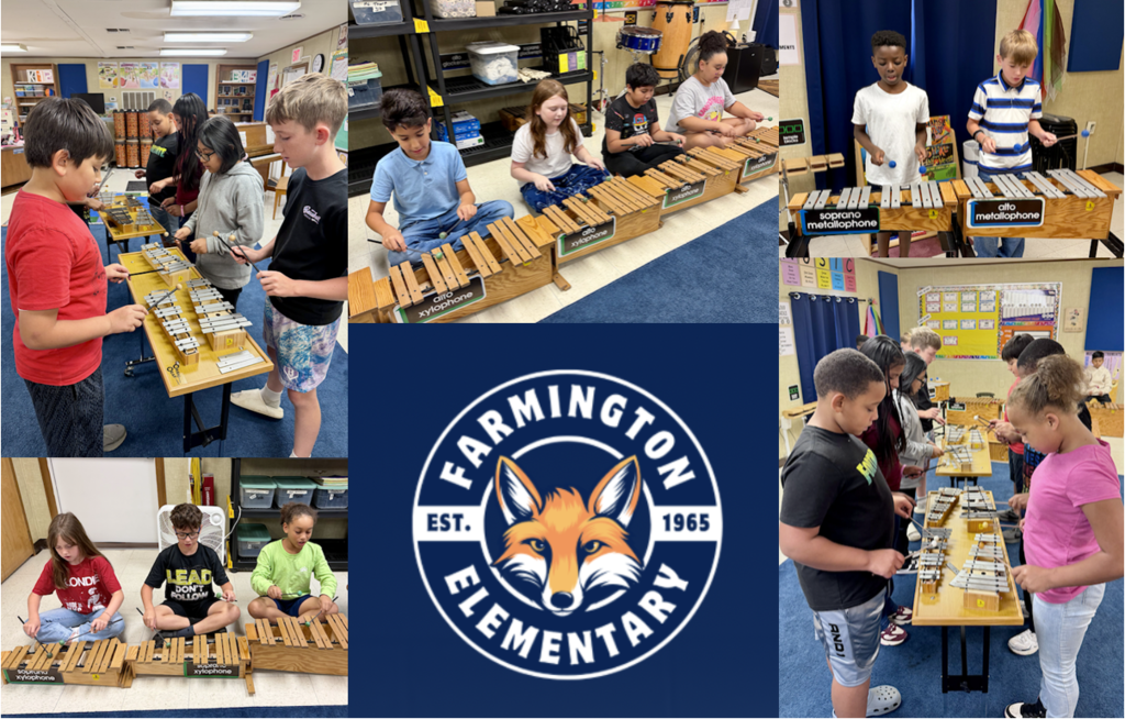 Students playing instruments with a collage layout. The center logo reads "Farmington Elementary, Est. 1965".