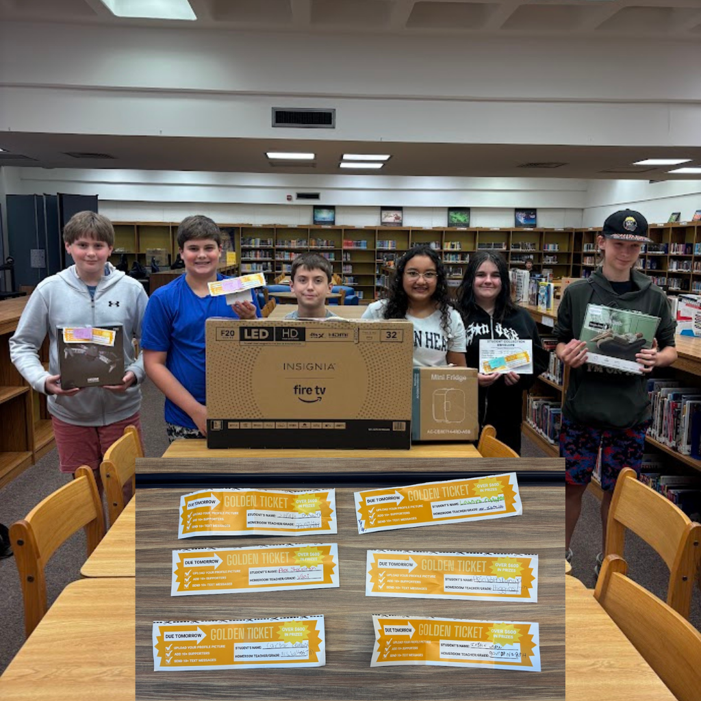 Six Culpeper Middle School students stand in the school library displaying prizes they won in the Fall Fundraiser Golden Ticket drawing, including a 32-inch Fire TV, mini fridge, and other prizes. An inset at the bottom shows the six winning Golden Ticket entries.