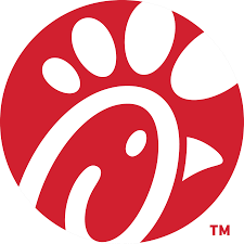 A logo with a red circle, featuring a white outline of a chicken with its wings spread. Below the logo, "TM" is written in red.