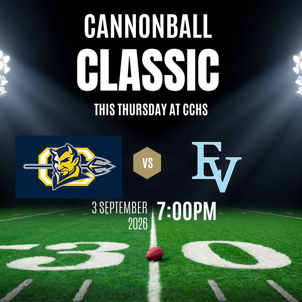 An advertisement for the Cannonball Classic football game. It shows two team logos, a date and time, and a field.