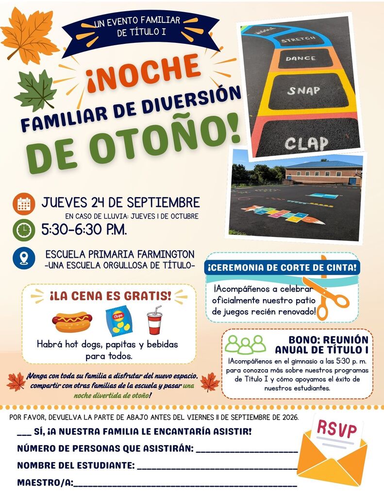 Flyer for a family fall event with autumn leaves, a map, and text in Spanish.