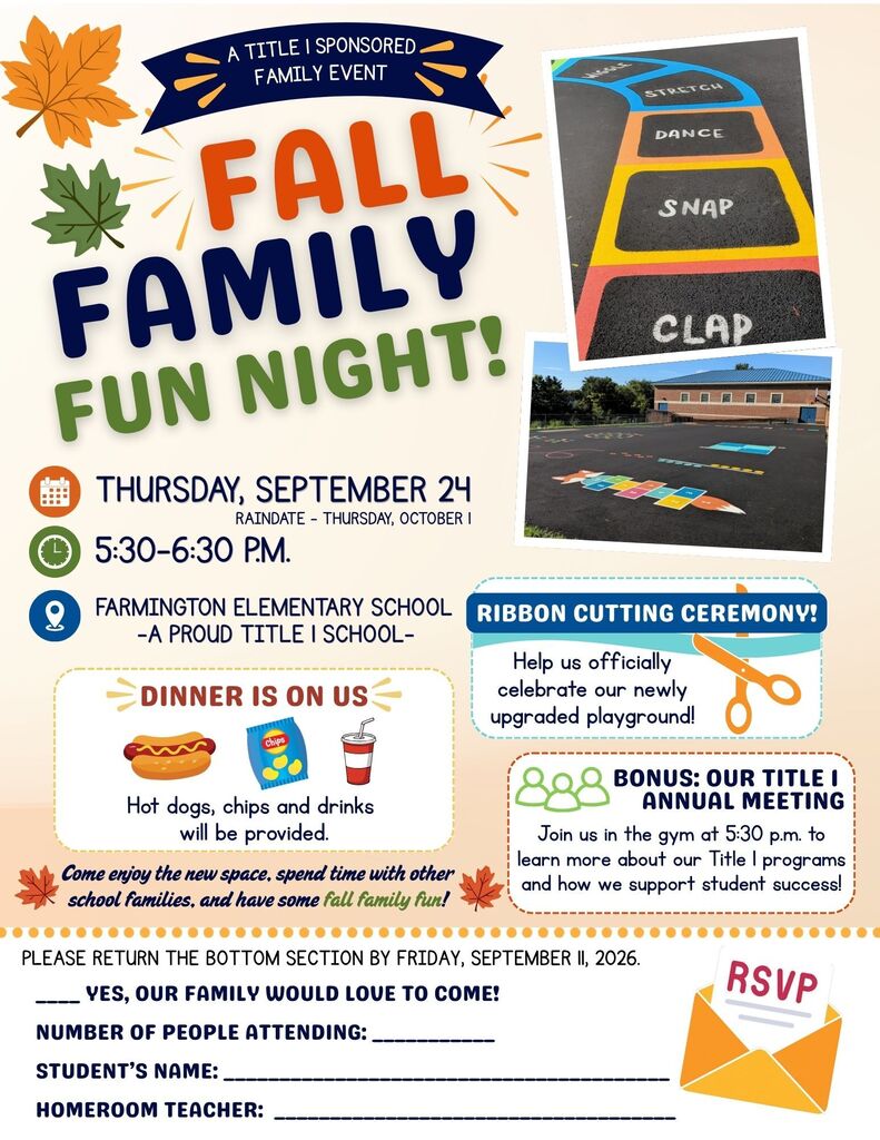 Event flyer with red text reading "Fall Family Fun Night" at the top. Information includes date, time, location, and activities.
