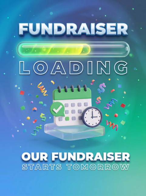 Advertisement with green, yellow, and blue background. Text reads "FUNDRAISER LOADING" with an image of a calendar, clock, and progress bar.