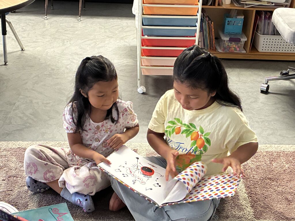 Two children sit on the floor. One points at an open book in their lap.