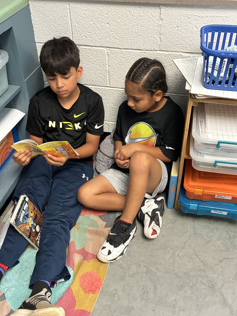 Two children sit on a rug, reading. One wears a black shirt with white text, the other, a black shirt with a graphic.