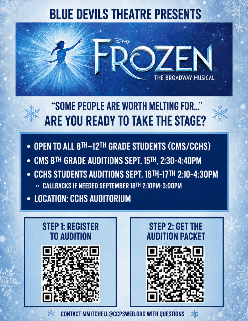 A poster advertises a Frozen musical audition. Dates, times, and QR codes for registration are listed.