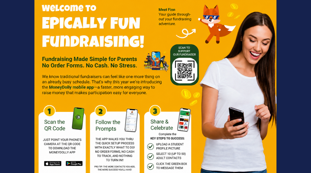 Bright yellow MoneyDolly fundraising flyer titled “Welcome to Epically Fun Fundraising!” featuring a smiling woman using a smartphone and Finn, a cartoon fox mascot. The flyer promotes simple, cash-free fundraising for parents and provides three steps: scan the QR code, follow the app prompts, and share with adult contacts to support the fundraiser.
