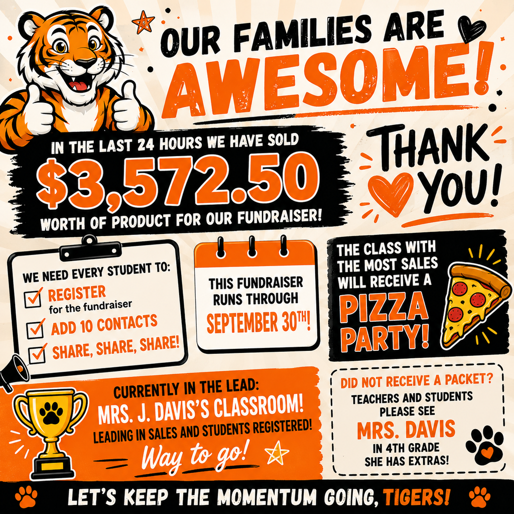 Advertisement for a fundraiser. Tiger with thumbs up. Sold $3,572.50 in 24 hours. Pizza party for the leading class.