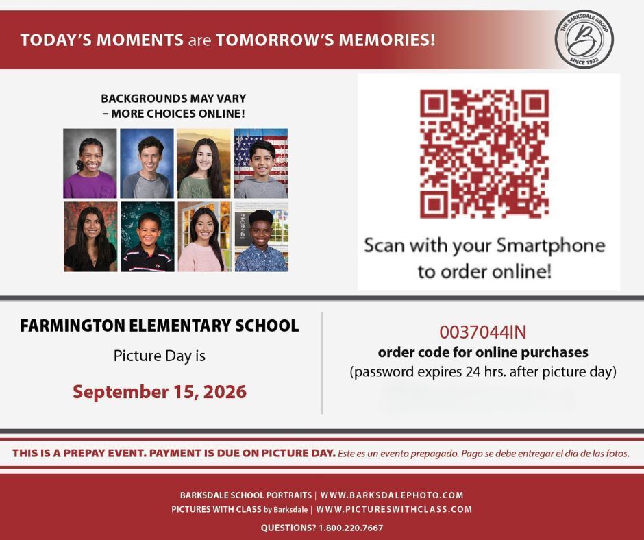 Red background with white text. "FARMINGTON ELEMENTARY SCHOOL" and "Picture Day is September 15, 2026" are displayed. QR code.