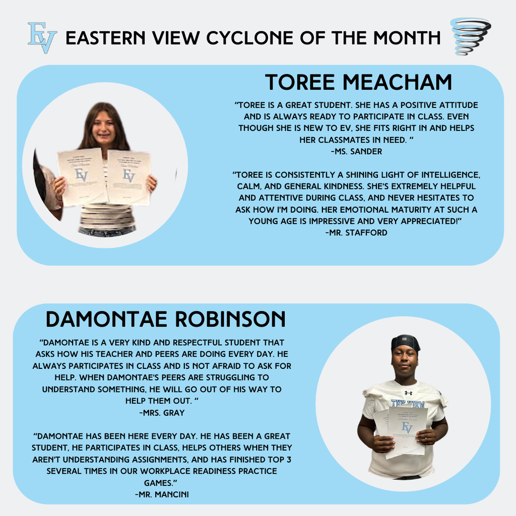 A poster features two students, Toree Meachem and Damontae Robinson, with comments from teachers praising their positive attitudes and academic contributions.