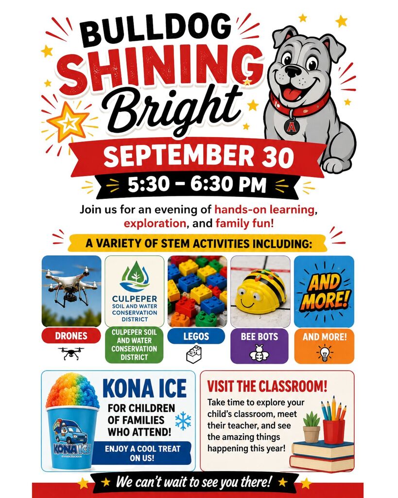Advertisement poster with a bulldog, event title "Bulldog Shining Bright", date, time, and a list of STEM activities.
