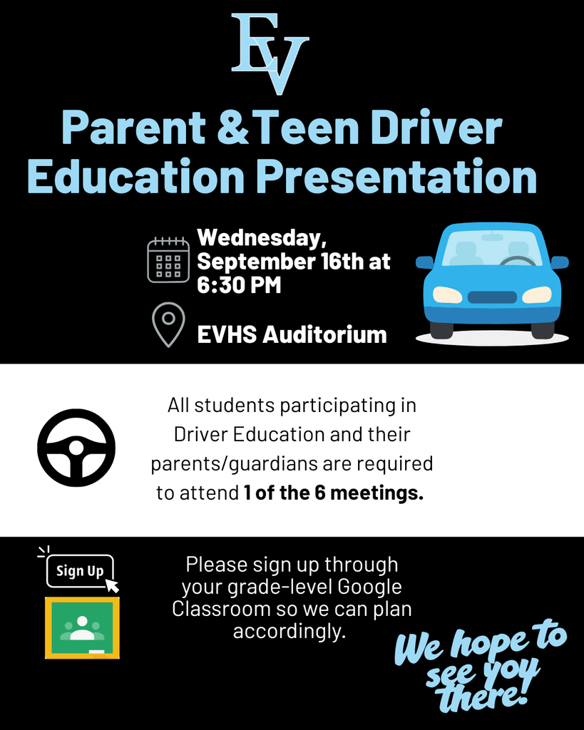 Black and white flyer for a Parent & Teen Driver Education Presentation. It includes a blue car, a calendar, a location icon, and a steering wheel.