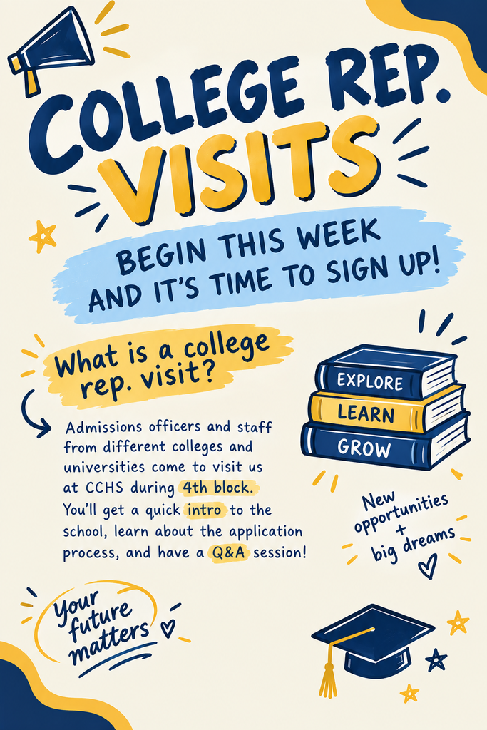 Poster with blue and yellow background displays a graduation cap and text: "College Rep. Visits Begin This Week and It's Time to Sign Up!"