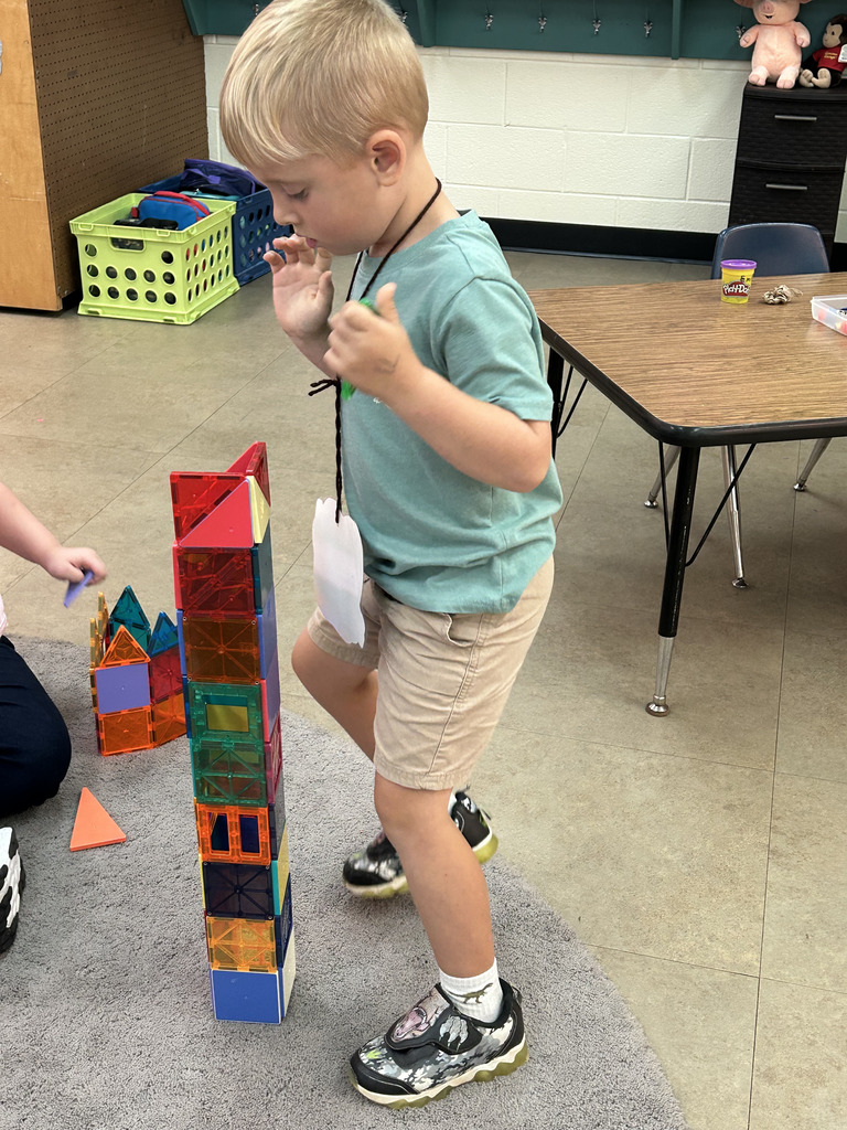 Child in a blue shirt, shorts, and sneakers standing, holding a colorful building block tower.